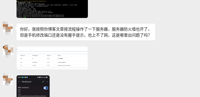 你好，我按照你博客文章按流程操作了一下服务器，服务器防火墙也开了，但是手机修改端口还是没有握手提示，也上不了网，这是哪里出问题了吗？