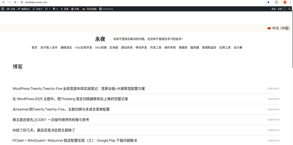 主题自带 Text Blog Home 首页模板,全站默认单1列文章列表,无侧边栏,无法放置分类、搜索、标签、日历导航,不符合传统技术博客浏览习惯。(对应图1)