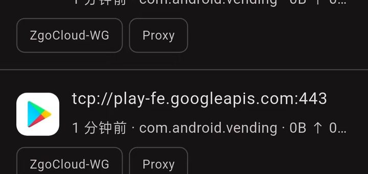 在 FlClash 中查看实时请求日志，所有 Play 商店相关的请求全部走代理