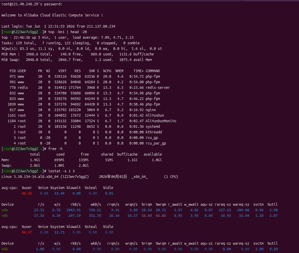 Log in to the server, execute the TOP and find that the load is as high as 7.09 (1 core machine), %us exceeds 80%, and multiple php-fpm processes occupy the CPU between 13% and 20%, redis-server It also takes around 13% and %id is 0. The remaining memory is about 150MB, and the swap is rarely used. iostat shows that the disk %util is very low, excluding disk I/O bottlenecks. as shown in Figure 1