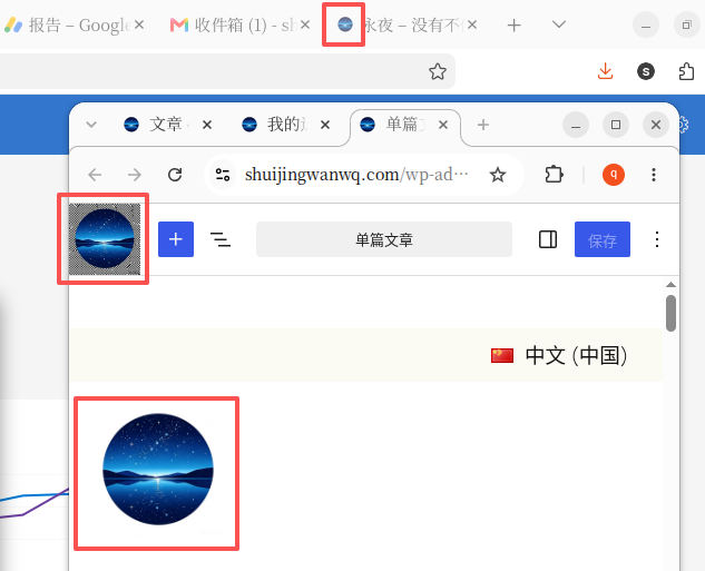 图 1：优化前效果——浏览器标签栏及 WordPress 编辑器中的站点图标，圆形周围存在明显的灰色方块感