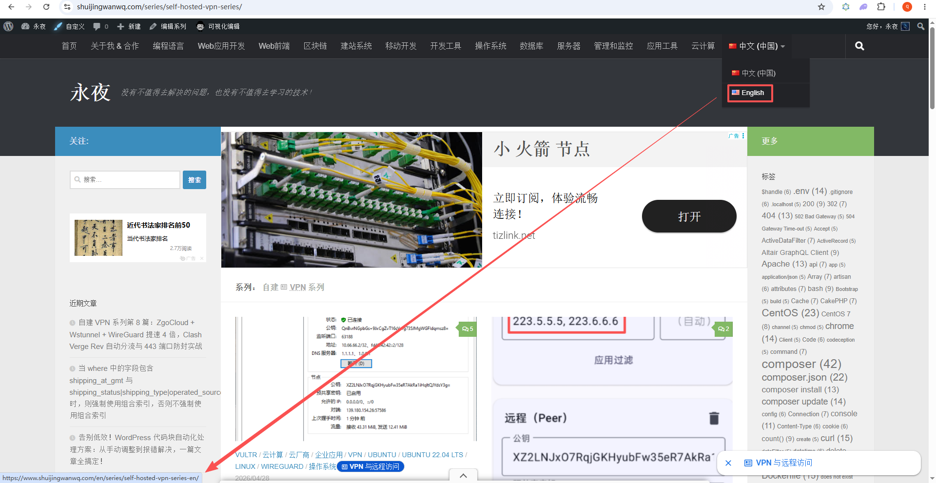 完成后,访问中文系列页 https://你的域名/series/self-hosted-vpn-series/,点击顶部的 English 切换按钮,就能正常跳转到 https://你的域名/en/series/self-hosted-vpn-series-en/ 了。如图13