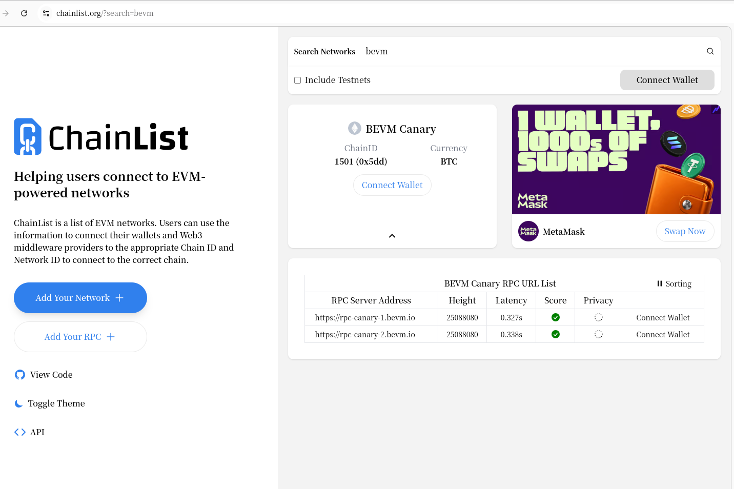 如图6,在Chainlist官网检索BEVM Canary网络,可以清晰看到区块高度实时持续上涨,链高数值保持动态更新,这也是项目方判定网络正常的核心依据。