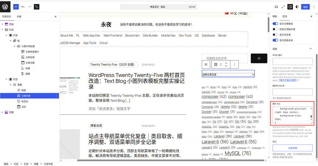 图2：在分类列表区块的高级设置中添加额外 CSS，但目前不想做ID精准匹配，打算试下插件方案