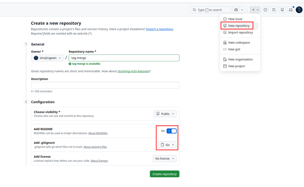 在 GitHub 上新建一个仓库，命名为 tag-merge。为了简化初始化流程，勾选添加 README.md，并在 .gitignore 模板中选择 Go，这会自动帮我们忽略编译产生的二进制文件。