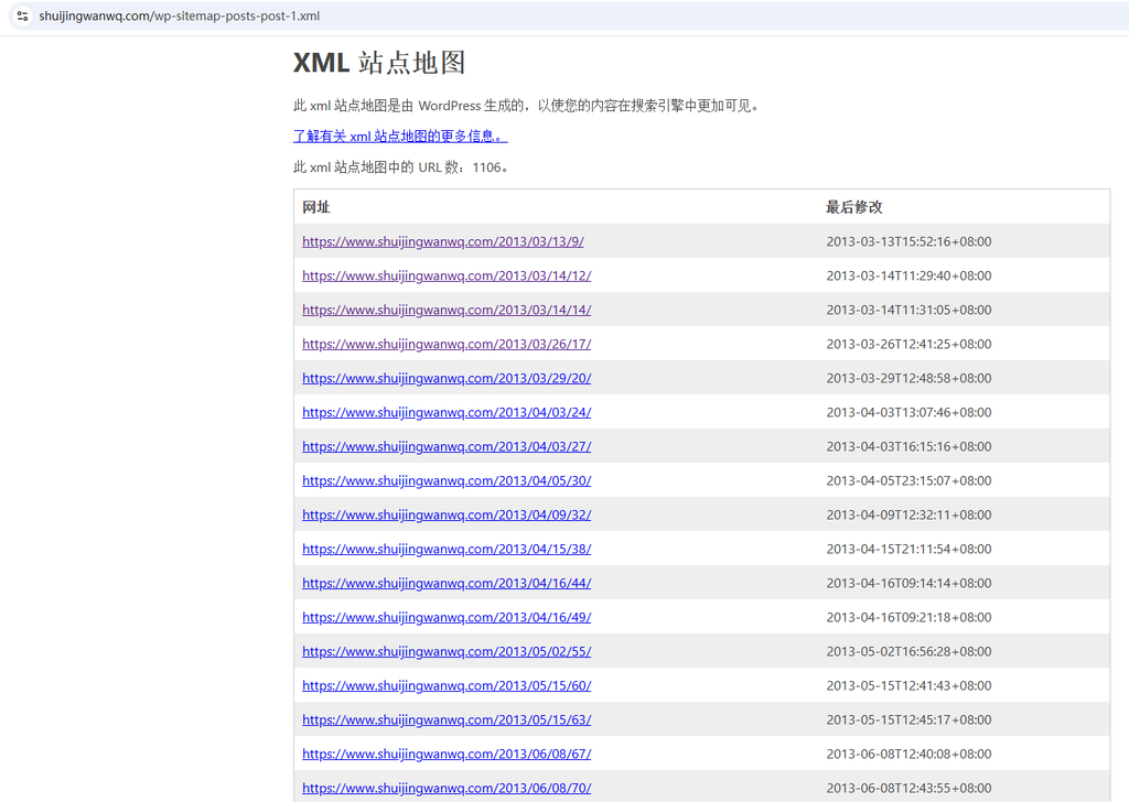 完成修改后,再次访问原本报错的中文站点地图,发现已经可以正常显示XML结构了。这验证了修改已经生效。如图4