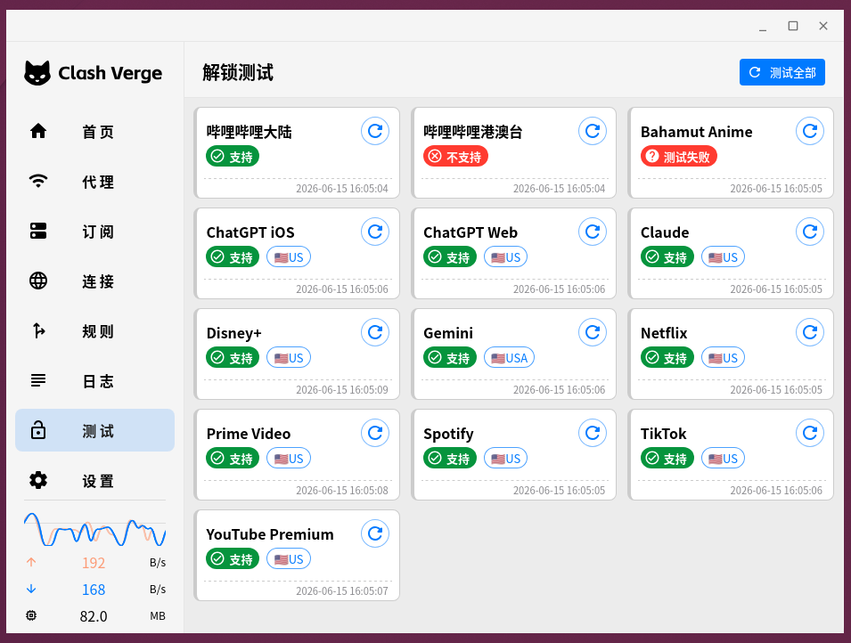 使用 Clash Verge Rev 内置的连接测试,对常用 13 个目标进行检测: