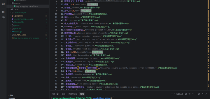 在宿主机的 output 目录下可以找到生成的 tag_mapping_result.csv。打开文件查看，结果格式规整，符合预期。