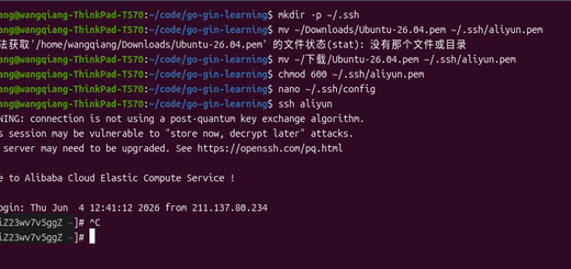 从截图中可以看到，我连续执行了 mv、chmod、nano，最后 ssh aliyun 一气呵成，直接显示欢迎信息和上次登录时间，没有任何密码询问。