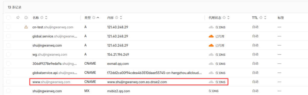 [Figure 13: Changing www to a CNAME in Cloudflare and setting it to DNS only]